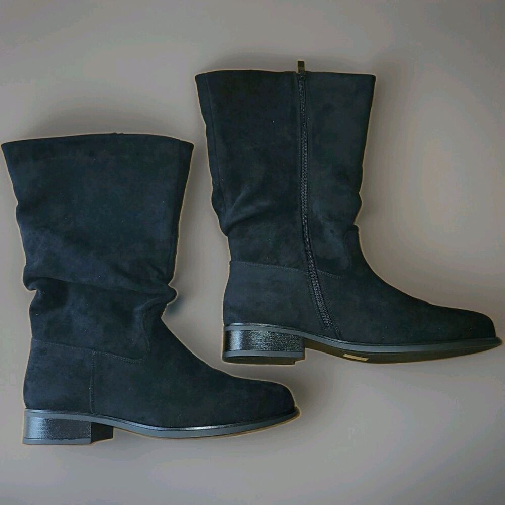 Shoe'N Tale Women's Slouchy Mid Calf Boots Size 8 Black Faux Suede Low Heel NIB